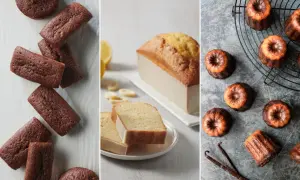 Trois types de gâteau de voyage : financiers au chocolat, cake citron et cannelés à la vanille.