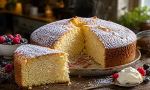Un gâteau crème mascarpone facile, saupoudré de sucre glace, servi avec des fruits rouges et une cuillère de crème fouettée.