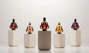 Cinq bouteilles de vin aux formes originales, aux couleurs vives, présentées sur des socles. Une nouvelle tendance vin qui allie art et dégustation.