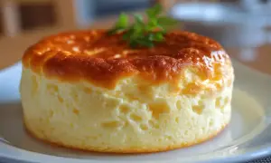 Un moelleux gâteau japonais, doré et aérien, garni d'une touche de verdure.