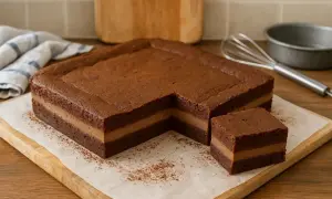 Un gâteau magique au chocolat, avec une garniture crémeuse, coupé en carré. Un délice visuel et gustatif.