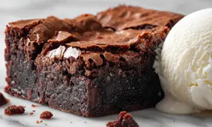 Un brownie au chocolat fondant, parfait pour une recette facile, servi avec une boule de glace à la vanille.