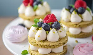 Petits gâteaux verts garnis de ganache montée chocolat blanc facile, fruits rouges et pistaches. Meringues roses en arrière-plan.