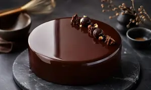 Gâteau au chocolat avec un glaçage miroir parfait, décoré de sphères chocolatées et de morceaux croustillants.