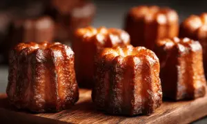 Plusieurs cannelés dorés et caramélisés sur une planche en bois.