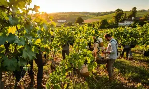 Travailleurs récoltant des grappes de raisin dans un vignoble ensoleillé. Les vendanges en Bourgogne battent leur plein, promesse d'un grand cru.