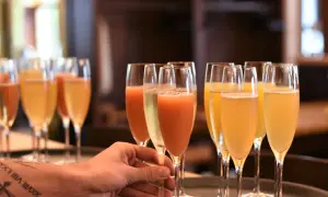 Une main saisit un verre de cocktail avec champagne, prêt à être servi. Plusieurs autres verres pétillants sont alignés.