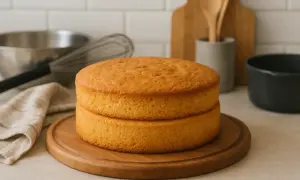 Deux disques de génoise dorée, prêts pour une recette de layer cake. Ustensiles de pâtisserie en arrière-plan.