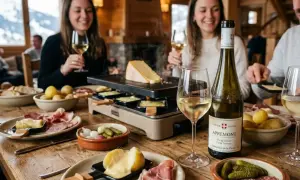Ambiance chaleureuse autour d'une raclette fumante, accompagnée de pommes de terre, charcuterie et d'un verre de vin blanc, peut-être un Pouilly-Fumé pour sublimer ce moment gourmand.