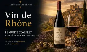 Bouteille et verre de vin rouge, avec une étiquette "Vallée du Rhône", sur fond de paysage de village provençal. Un guide complet pour découvrir les appellations Côtes du Rhône.