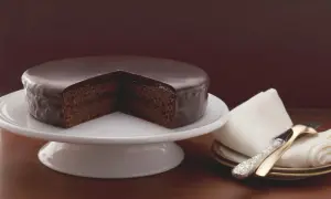 Un délicieux gâteau viennois au chocolat, nappé d'un glaçage brillant, est présenté sur un présentoir blanc. Une part est retirée, révélant sa texture moelleuse.