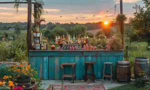 Bar de mariage rustique avec vue sur le coucher de soleil, bouteilles d'alcool et verres prêts pour les invités.