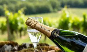 Une bouteille de Crémant d'Alsace versée dans un verre, avec des vignes en arrière-plan. Le meilleur crémant pour célébrer l'été.