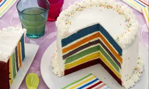 Un gâteau arc en ciel aux couches colorées, décoré de crème et de vermicelles, prêt à être dégusté.