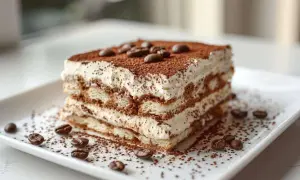 Un délicieux tiramisu boudoir, parsemé de cacao et de grains de café, sur une assiette blanche.