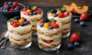 Quatre verrines de tiramisu aux fruits rouges et pêches, un délicieux dessert de saison.