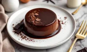 Un délicieux flan au chocolat, nappé de sauce et parsemé de copeaux de chocolat, prêt à être dégusté.