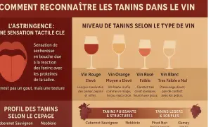 Infographie expliquant comment reconnaître les tanins dans le vin, leur niveau selon le type de vin et leur profil selon le cépage. Le tanin est une sensation tactile clé.