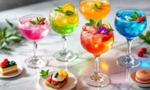 Cinq cocktails estivaux colorés, garniture de fruits et menthe, sur une table marbrée. Un délice pour les yeux et les papilles.