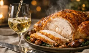 Un verre de vin blanc est versé près d'un chapon farci rôti, fumant et garni de marrons. Un repas festif.