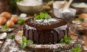 Un délicieux gâteau au chocolat, nappé de glaçage brillant et décoré de menthe fraîche. Des ingrédients de pâtisserie sont disposés autour.