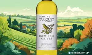 Bouteille de vin blanc "Domaine Tariquet Premières Grives" sur fond de paysage champêtre. Un vin qui pourrait bien être le meilleur vin du monde.