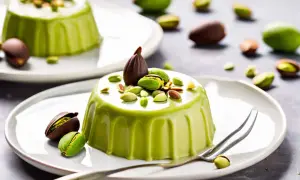 Délicieux dessert vert vif, une ganache pistache onctueuse, garnie de pistaches croquantes et d'une touche de chocolat.