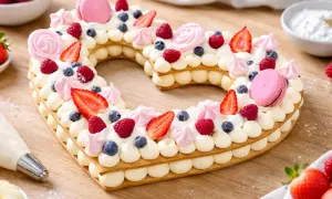 Un magnifique number cake en forme de cœur, décoré de fruits rouges, macarons roses et meringues. Un vrai délice pour les yeux et les papilles !