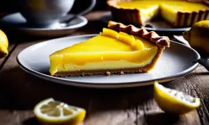 Une part de tarte citron, crémeuse et brillante, sur une assiette blanche. Des citrons frais et une tasse de café complètent ce tableau gourmand.