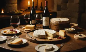 Un festin de fromages variés, dont un Mont d'Or crémeux, accompagné de vin rouge et de raisins, dans une ambiance chaleureuse.