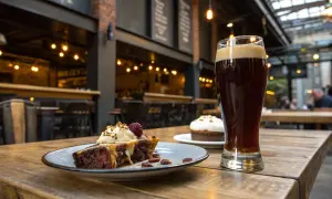 Un délicieux gâteau au chocolat avec une framboise et une bière ambrée, parfait pour un digestif alcool.