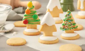Biscuits en forme de sapins décorés de glaçage vert, vermicelles colorés et bonbons. Une recette festive à partager.