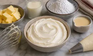 Préparation d'une délicieuse crème au beurre. Des ingrédients comme du beurre coupé en dés, du sucre glace, du lait et une poche à douille sont disposés sur un plan de travail.
