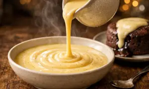 Un filet de crème anglaise traditionnelle, onctueuse et fumante, est versé dans un bol. Un gâteau au chocolat dégouline de cette sauce réconfortante.