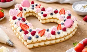 Un magnifique number cake en forme de cœur, garni de crème, framboises, fraises, myrtilles et macarons roses.