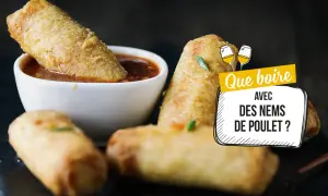 Nems croustillants trempés dans une sauce. La question se pose : quel vin avec des nems de poulet ?