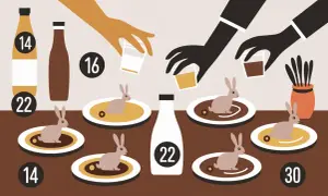 Des lapins sur des assiettes, des bouteilles et des mains versent des liquides. Quel vin avec du lapin ? Les chiffres suggèrent des choix.