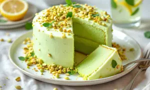 Gâteau vert vif, garni de pistaches concassées. Une part est coupée, révélant les couches. Une recette avec pâte de pistache qui invite à la gourmandise.