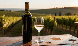 Bouteille de vin rouge et verre de vin blanc sur une table en bois, avec des vignes au coucher du soleil. Un parfait vin de terroir.