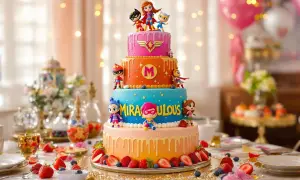 Un spectaculaire layer cake aux couleurs vives, orné de figurines de super-héros et du mot "MIRACULOUS". Un délice pour les yeux et les papilles !