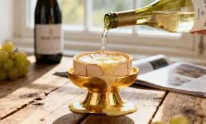 Un vin blanc pour fondue coule d'une bouteille sur un fromage fondant dans un plat doré. Des raisins verts sont à proximité.