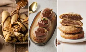 Crêpes roulées garnies de praliné maison, éclairs au chocolat et cookies aux noix. Un délice gourmand !