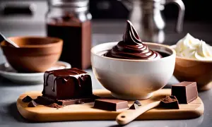 Un carré de chocolat noir glacé, une cuillère de ganache chocolat noir onctueuse et des éclats de chocolat. Une recette gourmande.