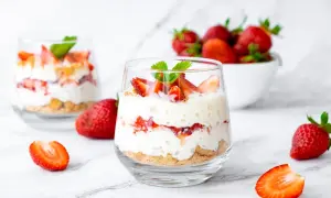 Un délicieux dessert en verrine, un trifle crémeux aux fraises et à la menthe, parfait pour un goûter gourmand.