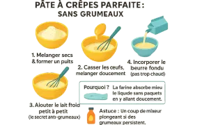Préparation d'une pâte à crêpes parfaite sans grumeaux. Étapes : mélanger les ingrédients secs, ajouter les œufs, puis le lait froid petit à petit. Le secret anti-grumeaux !