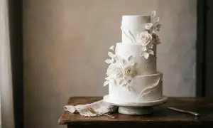 Un magnifique gâteau à trois étages, orné de roses en sucre et de feuillage délicat. Un cake design élégant pour un événement spécial.