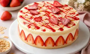 Un gâteau fraisier orné de fraises fraîches, de coulis rouge et d'amandes effilées. Une belle inspiration pour vos recettes fraisier.