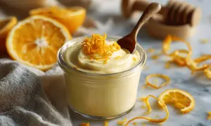Un pot de **orange curd** crémeux, garni de zestes d'orange, avec des oranges coupées en arrière-plan.