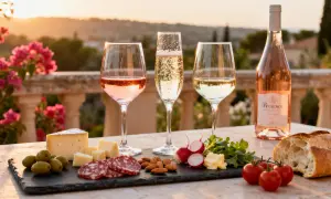 Verre de rosé, champagne et vin blanc, accompagnés d'une planche de charcuterie, fromage, olives, radis, amandes et pain. Un parfait apéritif du sud-ouest.