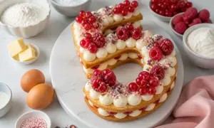 Un magnifique number cake aux fruits rouges, parfait pour une recette d'anniversaire. Crème onctueuse, biscuits dorés et baies éclatantes.